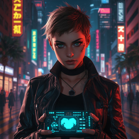 Cyberpunk girl with a mobile phone in her hands. 3d renderingの素材