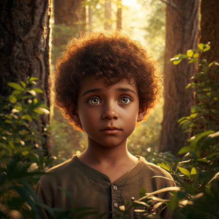 Portrait of a young African-American boy in the forest.の素材