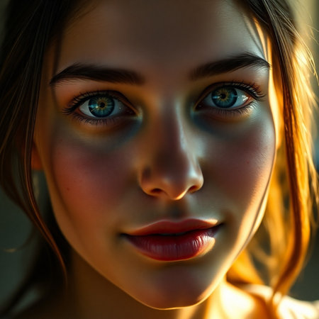 Portrait of beautiful young woman with blue eyes. Close up.の素材