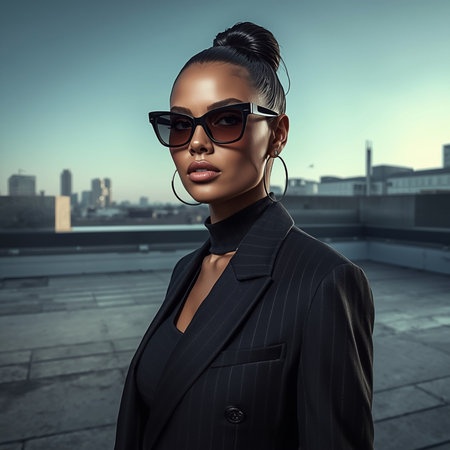 Fashion shot of a beautiful woman in black suit and sunglasses.の素材