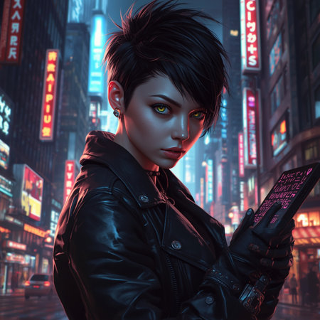 Futuristic girl in the city at night. 3d rendering.の素材