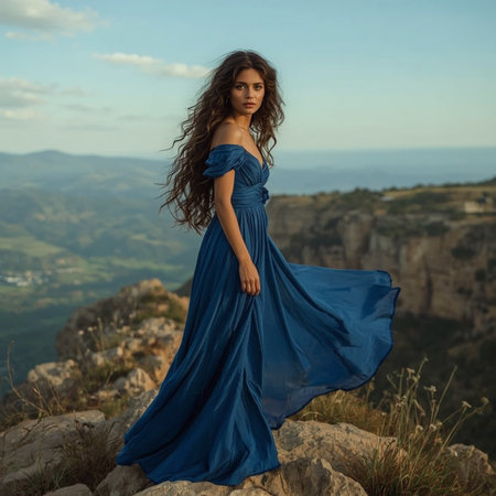 Beautiful young woman in long blue dress on the top of the mountainの素材