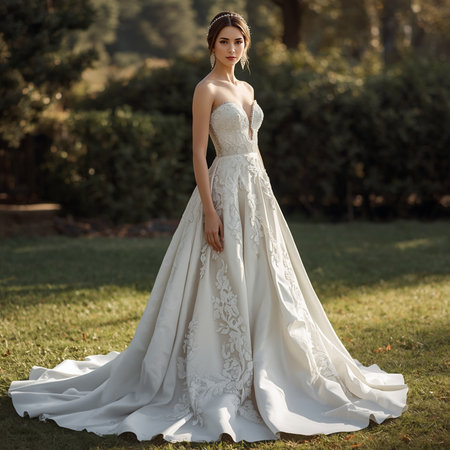 Beautiful bride in wedding dress posing in the park. Wedding dressの素材