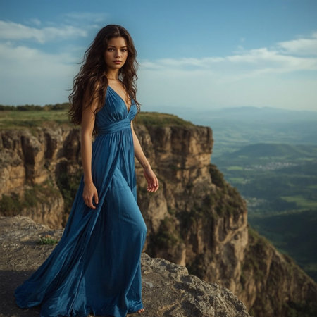Beautiful young woman in blue dress posing on the top of the mountain.の素材