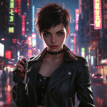 Futuristic woman in a black leather jacket on a city backgroundの素材