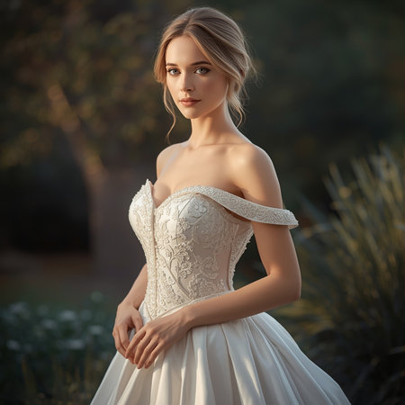Beautiful girl in white wedding dress posing in the park at sunsetの素材