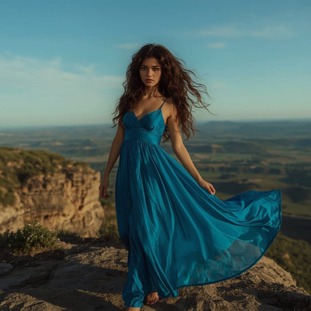 Beautiful girl in a long blue dress on the edge of a cliffの素材