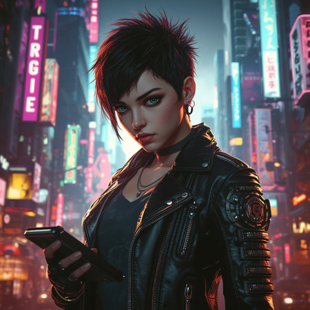 Futuristic girl with smartphone in the city. 3d rendering.の素材