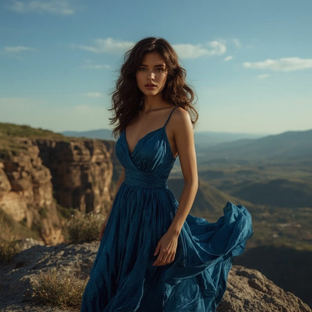 Beautiful young woman in a blue dress on the background of the mountainsの素材
