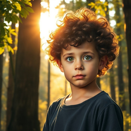 Portrait of a boy with curly hair in the forest at sunsetの素材