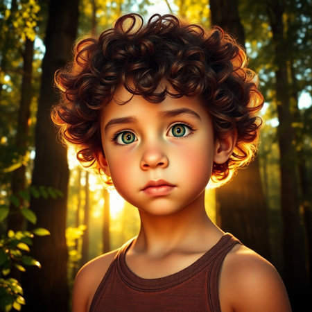 Portrait of a cute little girl with curly hair in the forest.の素材