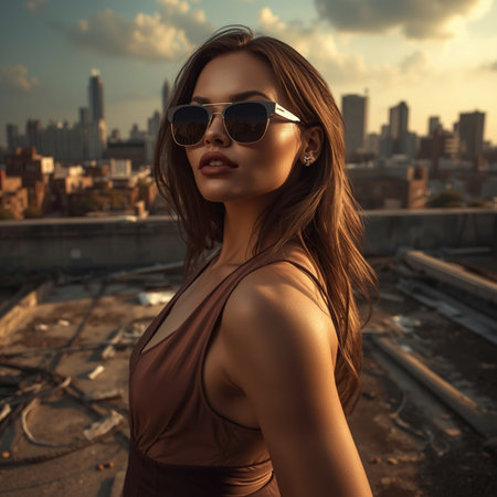 Sexy young woman in sunglasses on the roof of a building.の素材