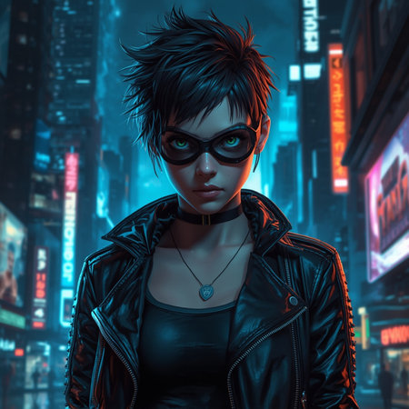 3D Illustration of a Cyberpunk Girl in the Night Cityの素材