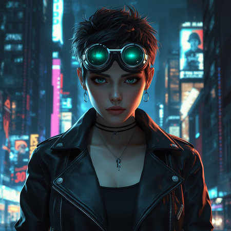 3D rendering of a futuristic woman in a black leather jacket and aviator glassesの素材