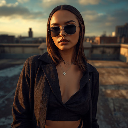 Portrait of a beautiful brunette girl in sunglasses on the roof of the building.の素材