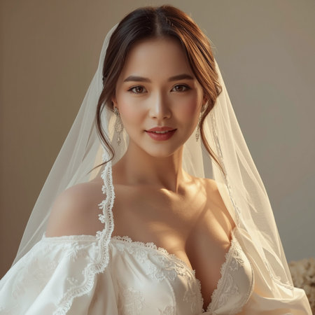 Beautiful asian woman in white wedding dress with veil posing in studioの素材
