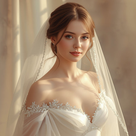 Beautiful young bride in white wedding dress with veil at the windowの素材