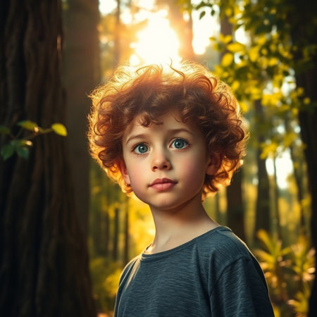 Portrait of a red-haired boy in the forest. Little boy with curly hair.の素材