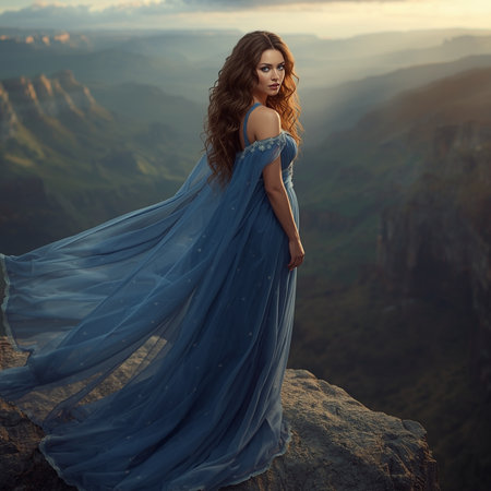 Beautiful young woman in long blue dress posing on the top of the mountain.の素材
