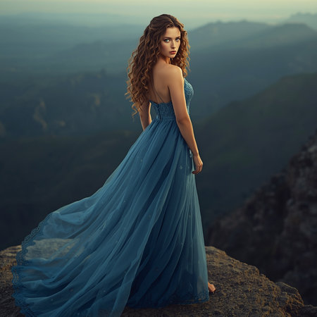 Beautiful young woman in a long blue dress on the top of the mountainの素材