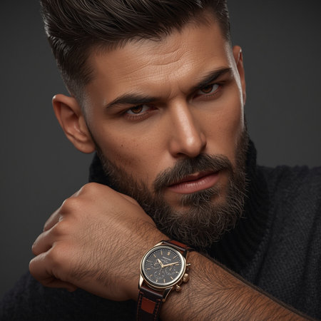 Portrait of handsome young man with stylish hairstyle and wristwatchの素材