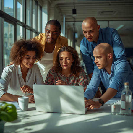 Group of multiethnic business people working together on laptop in officeの素材