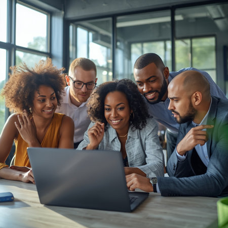 Group of multiethnic business people working together on laptop in officeの素材