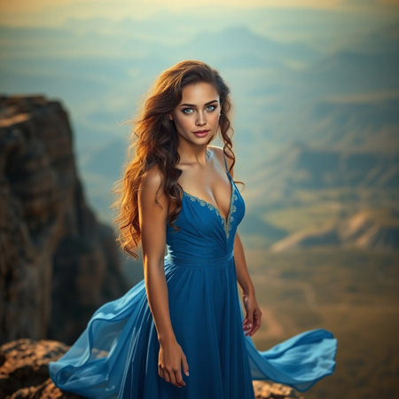 Beautiful woman in a long blue dress on a background of mountainsの素材