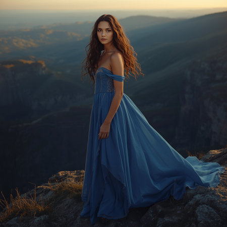 Beautiful young woman in blue dress posing on top of the mountainの素材