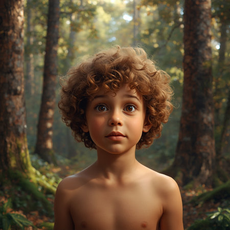 Portrait of a little boy in the forest. 3d renderingの素材