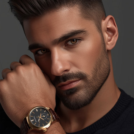 Portrait of handsome young man with stylish hairstyle and watch.の素材