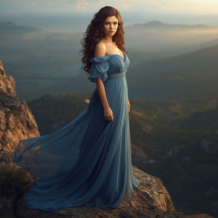 Beautiful young woman in a long blue dress on the top of the mountainの素材