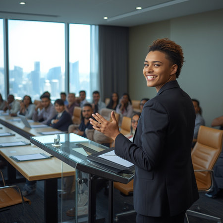 Confident african american businesswoman giving speech in conference hallの素材