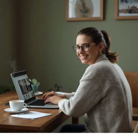 Smiling young woman in eyeglasses working on laptop at homeの素材