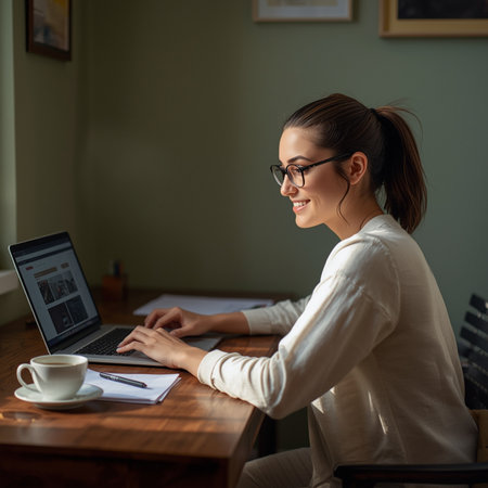Side view of young businesswoman in eyeglasses using laptop while sitting at table in officeの素材