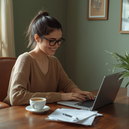 Smiling young woman in eyeglasses using laptop while sitting in cafeの素材