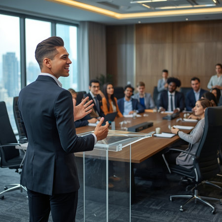 Businessman speaking in conference room during meeting. Group of business people in meeting room.の素材