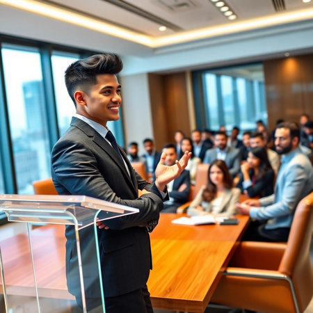 Businessman speaking in conference room with his colleagues in the background.の素材