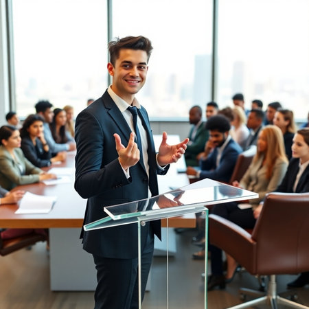 Portrait of a confident businessman standing in front of a group of peopleの素材