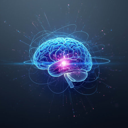 3D illustration of human brain with glowing connection lines on blue backgroundの素材