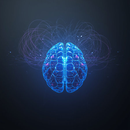 Human brain on the dark blue background. Artificial intelligence concept. Vector illustrationの素材