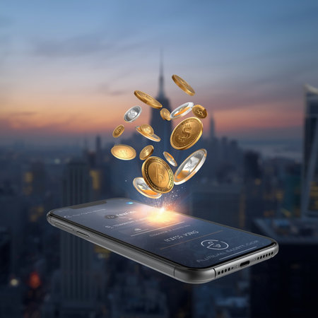Smartphone with flying coins on the background of the city. 3d renderingの素材