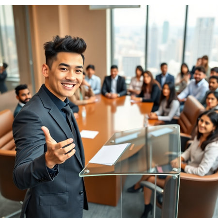 Portrait of a young asian businessman in front of his teamの素材