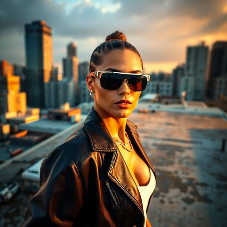 Fashionable young woman in black leather jacket and sunglasses posing on rooftop.の素材