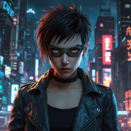 3d rendering of a cyberpunk girl in the city at nightの素材