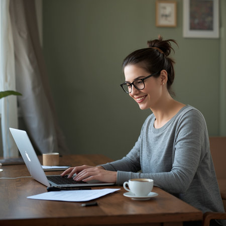 Smiling young woman in eyeglasses working on laptop at homeの素材