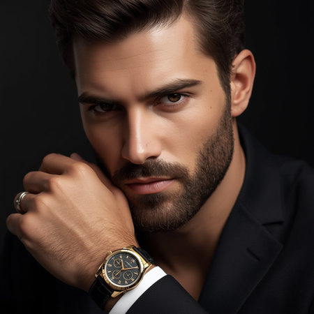 Portrait of a handsome young man in black suit. Men's beauty, fashion.の素材