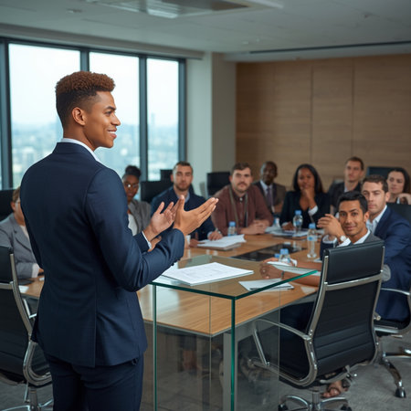 Side view of young African-American businessman gesturing while giving speech in conference roomの素材