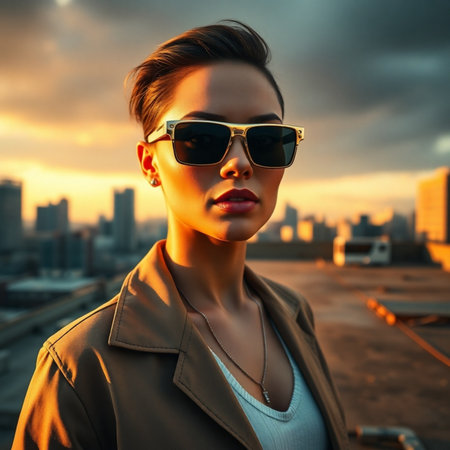 Fashion portrait of young beautiful woman in sunglasses on the background of the city.の素材