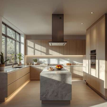 Interior of modern kitchen with white and beige walls, concrete floor, white countertops and wooden cupboards. 3d renderingの素材